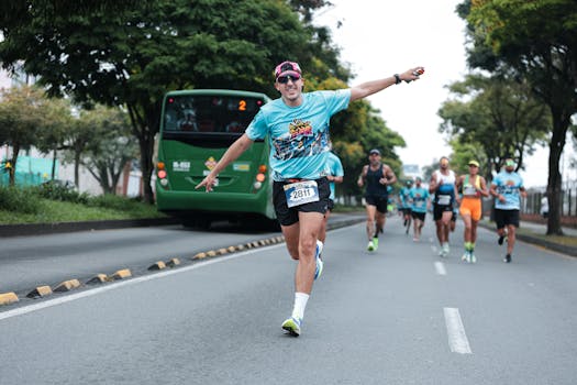 A vibrant runner exuberantly leads a marathon in an urban setting, showcasing energetic spirit.